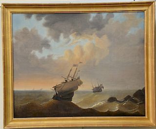 19th Century  oil on canvas  Ships in Stormy Sea  unsigned  restretched and relined  26" x 33"  Provenance: Property fro...
