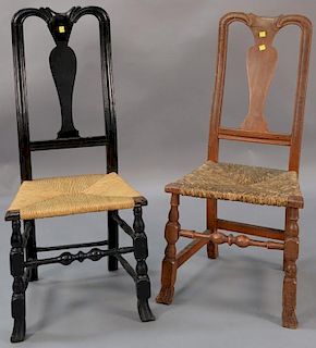 Two Queen Anne side chairs, each with rush seat and Spanish feet, one in old brown over original red paint.  ht. 40in., seat 
