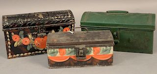 Three tole or tin lift top boxes, two painted with flowers.  lg. 7in., lg. 8 1/2in., and lg. 8 1/2in. Provenance:  Estate of 