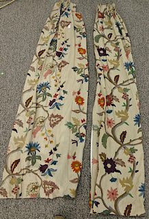 Pair of crewel embroidered drapes or curtains. lg. 7ft., wd. 5ft. 2in.