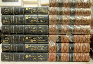 Twenty leatherbound books including a set of Thackeray's Works (13 volumes, and a set of Prosper Merimee Writing (7 volumes).