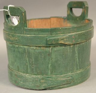 Shaker green painted bucket having two handles with two finger straps and copper points and tacks.  ht. 8in., dia. 9 1/2in. P
