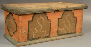 Small 18th century lift top box painted salmon, light blue, brown, and black with two painted plaques with the letter S on ea