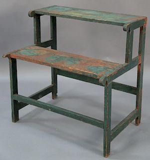 Primitive green and red painted bucket (2 Stepper) bench, two tier with original red under green paint, support fronts with r