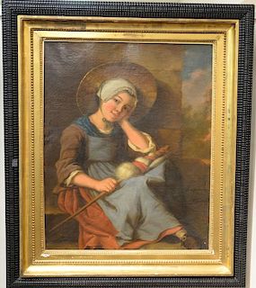 19th Century Portrait 
oil on canvas 
Girl with Bonnet 
in ebonized and gilt ripple moulded Dutch frame 
32" x 26"