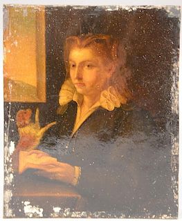 Portrait  oil on copper  Girl with her Dog Reading by the Window  with sunrise in window marked illegibly by dog's paw  pr...