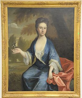 Large 19th century portrait 
oil on canvas 
Woman Wearing a Blue and White Dress with Red Cloak Holding a Flower 
48" x 38"
