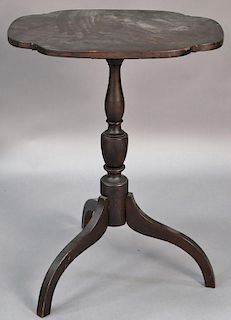 Federal shaped top candlestand on urn turned shaft set on tripod base painted black, top is tiger maple.  ht. 27in., top: 15 