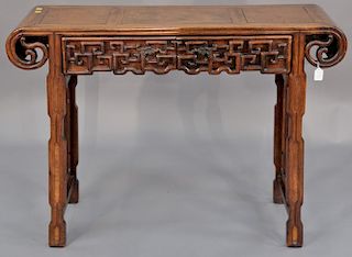 Chinese carved hardwood altar table, 19th century, the shaped rectangular top inset with veneered panels above a carved openw