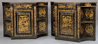 Pair of lacquered Chinese side cabinets having shaped top over conforming case, one drawer over one door flanked with carved 