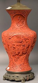 Cinnabar palace form vase having mountainous landscape plaques with scholars, made into a table lamp. 
vase ht. 13 1/2in.