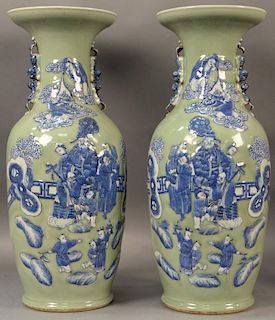 Pair of large Chinese celadon and blue palace vases having flared rim, molded foo dog handles, and molded scholar figures.  h