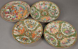 Rose Famille porcelain four piece lot including two deep bowls and two plates. 
bowls: dia. 8 1/4in. 
plates: dia. 9 1/2in.
