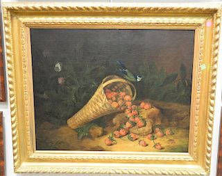 19th Century Still Life 
oil on canvas 
Strawberries Falling out of a Basket with a Bird and Butterfly 
unsigned 
restretched