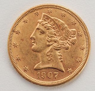 United States 1907 D Liberty Head Half Eagle Five Dollar Gold Coin
