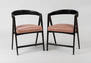 PAIR OF ITALIAN EBONIZED WOOD AND UPHOLSTERED ARMCHAIRS