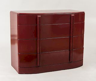 RED LACQUERED CHEST OF DRAWERS, IN THE MANNER OF HEYWOOD AND WAKEFIELD