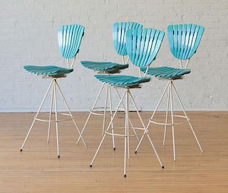 SET OF FOUR PAINTED WOOD AND METAL BAR STOOLS, IN THE STYLE OF ARTHUR UMANOFF