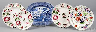Three Adams Rose porcelain plates, 19th c., largest - 10 1/2'' dia., together with a Gaudy Welsh plat