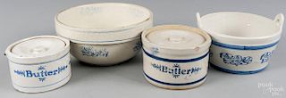 Four pieces of blue and white stoneware, late 19th c., to include a mixing bowl, two butter crocks,