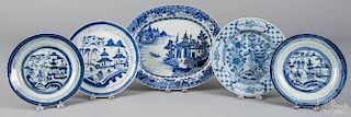 Three Canton plates, 19th c., together with a Delft plate and an export porcelain platter, 13 1/2'' w
