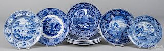 Nine Staffordshire blue and white plates, 19th c., largest - 10'' dia.