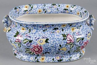 Blue and white transferware foot bath, 19th c., with floral decoration, 8 1/2'' h., 19'' w.