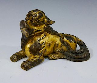 CHINESE ANTIQUE GILT BRONZE QILING MYTHICAL BEAST - MING DYNASTY