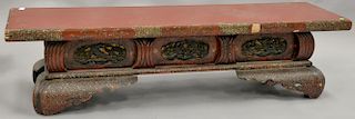 Oriental lacquered low altar table with mother of pearl inlay and carved bird and blossoming tree panels.