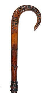 26. Folk Art Shepherd’s Cane- Ca. 1860- “The Shepherds” and “Ancient & Honourable” are carved on each side of the h