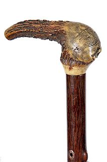 34. Stag Horn “James Peckham” Dress Cane- Ca. 1870- A large staghorn which is engraved with a “grand house with turrets