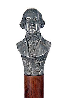 43. George Washington Pewter Cane- Ca. 1875- A well cast bust of our first president with a spread eagle and shield beneath h