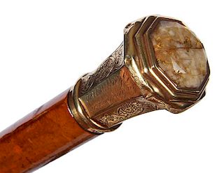50. Gold Quartz Cane-Dated 1855- A nice presentation gold dress cane with a large hexagonal quartz nugget atop, the presentat