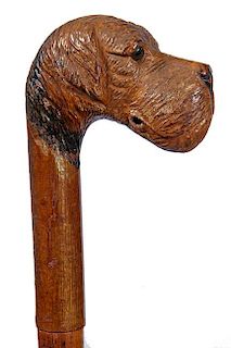 102. Dog Country Cane- Ca. 1900- A nice terrier with two color glass eyes which retains some original paint, maple shaft and 