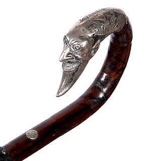 113. Devil Cane- Early 20th Century- A nice silver character of the devil in high relief, silver cartouche “London 188 styl