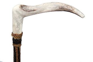 117. Stag Native American Cane- Ca. 1930- A stag handle with crosshatching, hardwood shaft with horse hair weaving and minor 