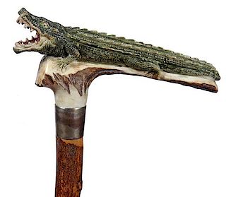 116. Stag Alligator Cane- Late 20th Century- An expert carving with a fierce alligator which has been paint decorated both on