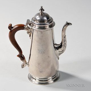 George II Sterling Silver Coffeepot, London, 1744-45, Richard Gurney & Co., maker, lid unmarked, typical form with urn-form f