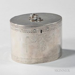 George III Sterling Silver Tea Canister, London, 1777-78, lacking maker's mark, with neoclassical engraved registers througho
