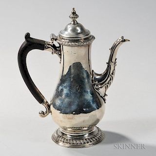 George III Sterling Silver Coffeepot, with worn marks, probably London, late 18th century, vasiform with an acanthus-capped s