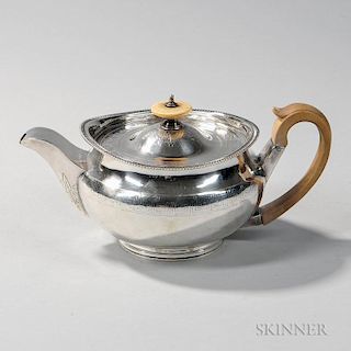 George III Sterling Silver Teapot, London, 1805-06, Robert & Samuel Hennell, maker, with a Greek key register to neck and eng
