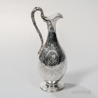 Victorian Sterling Silver Wine Ewer, London, 1860-61, Daniel & Charles Houle, maker, vasiform, with a faux-bois handle entwin