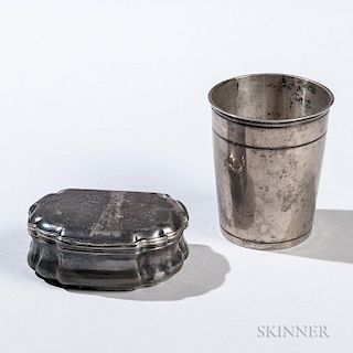 Two Pieces of Early German Silver, 18th century, a snuffbox, Schwäbisch Gmünd, c. 1760, by Joseph Ade, lg. 3 1/8; and a bea