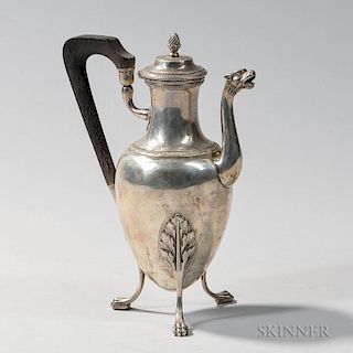 French .950 Silver Coffeepot, c. 1795, maker's mark "GA/JB," with a lion's head spout on three slender legs terminating in pa