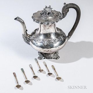 Seven Pieces of Continental Silver Tableware, a French .950 silver coffeepot, 1818-38, by Odiot, ht. 8 1/2, and a set of silv
