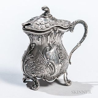 French .950 Silver Condiment, Paris, mid-19th century, Henri-Louis Chenailler, maker, with a hinged lid and scrolled handle d