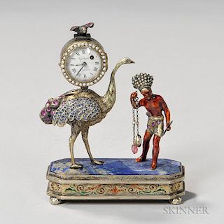 Viennese Silver-gilt Clock, late 19th century, unmarked, featuring an enameled Indian and ostrich with jeweled accents and a 