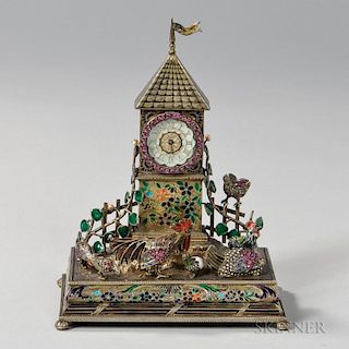 Viennese Silver-gilt and Enamel Table Clock, Austria, late 19th century, unmarked, the central tower inset with the enameled 