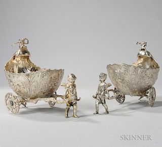 Two German .800 Silver Sleigh-form Salt Cellars, Hanau, late 19th century, bearing pseudo marks for an unidentified maker, ea