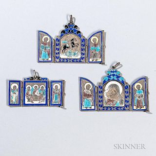 Three Russian .875 Silver and Enamel Pendant Icons, Moscow, last quarter 19th century, marks in Cyrillic, two maker's mark "A